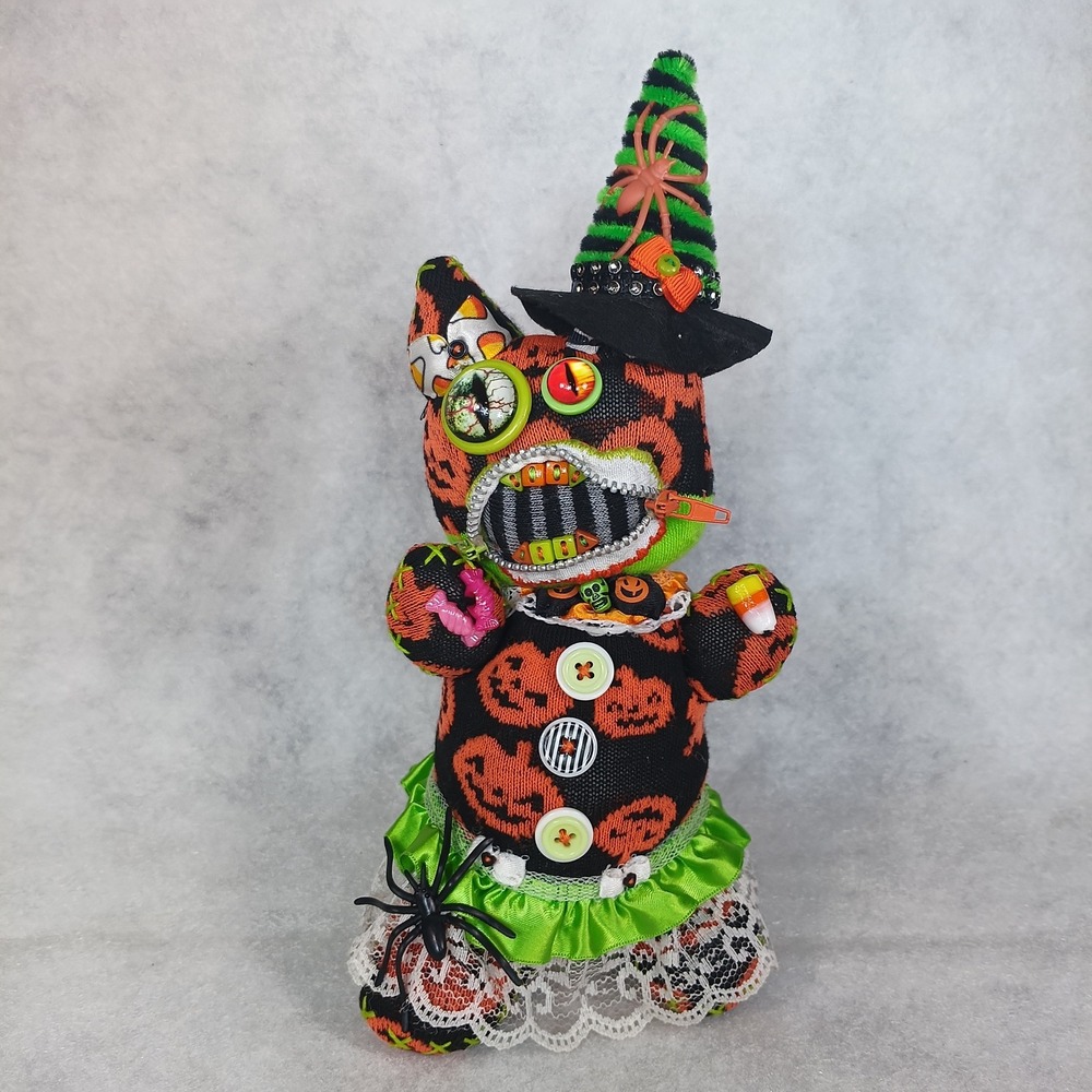 Halloween Witch Cat Handmade Primitive Doll Black Orange Spooky Folk Art
